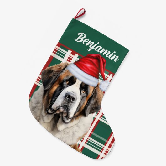 Cute Saint Bernard Dog Plaid Custom Grote Kerstsok (Voorkant (Hangend))