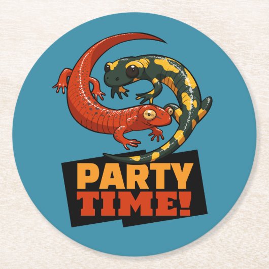 Cute Salamanders Party Time! Red & Fire Cartoon Ronde Kartonnen Onderzetter (Voorkant)