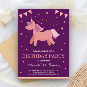 Cute Salmon Pink Magical Unicorn Birthday Party Uitnodiging Briefkaart
