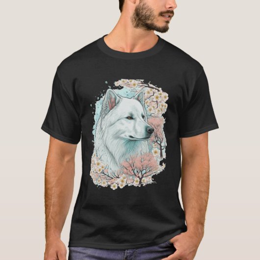 Cute Samoyed Cherry Blossom Dog Breed Japanese Sak T-shirt (Voorkant)