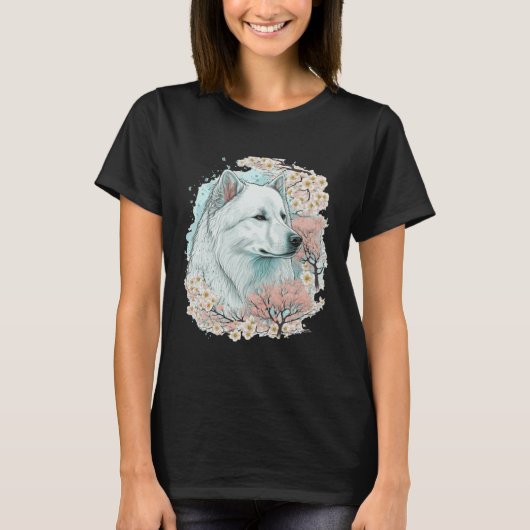 Cute Samoyed Cherry Blossom Dog Breed Japanese Sak T-shirt (Voorkant)