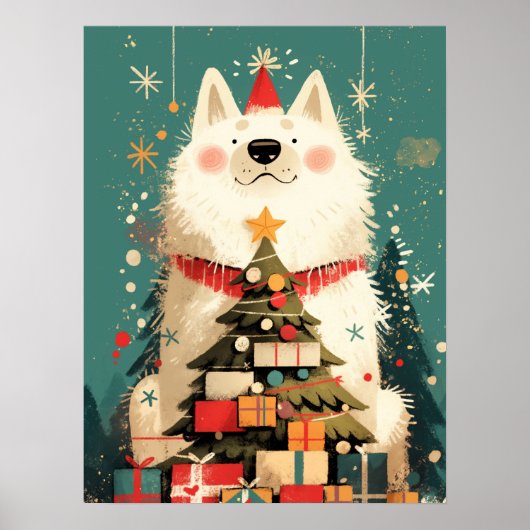 Cute Samoyed dog with Christmas Holiday Poster (Voorkant)