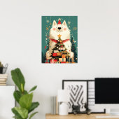 Cute Samoyed dog with Christmas Holiday Poster (Thuiskantoor)
