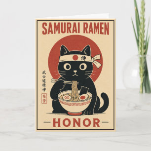 Cute Samurai Kat Japanse Ramen Illustratie Cadeau Kaart