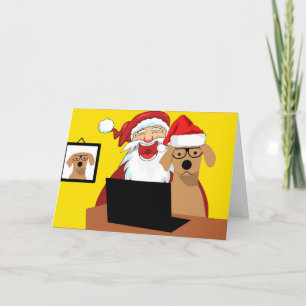 Cute Santa and Dog at Computer Christmas Card Feestdagen Kaart