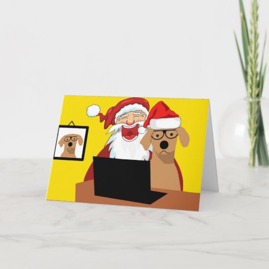 Cute Santa and Dog at Computer Christmas Card Feestdagen Kaart (Voorkant)