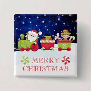 Cute Santa and Elf Train Merry Kerstmis Vierkante Button 5,1 Cm