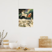 Cute Santa and Reindeer Flying Over Snowy Village Poster (Keuken)