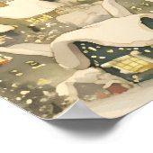 Cute Santa and Reindeer Flying Over Snowy Village Poster (Hoek)