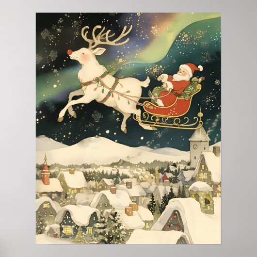 Cute Santa and Reindeer Flying Over Snowy Village Poster (Voorkant)