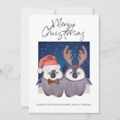 Cute Santa and Reindeer Kerstpinguin Couple Feestdagenkaart (Voorkant)