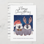 Cute Santa and Reindeer Kerstpinguin Couple Feestdagenkaart (Voorkant / Achterkant)