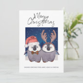 Cute Santa and Reindeer Kerstpinguin Couple Feestdagenkaart (Staand voorkant)
