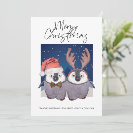 Cute Santa and Reindeer Kerstpinguin Couple Feestdagenkaart (Staand voorkant)