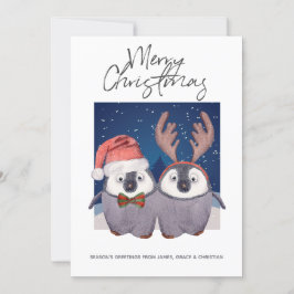 Cute Santa and Reindeer Kerstpinguin Couple Feestdagenkaart