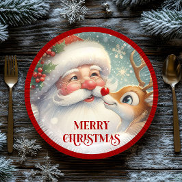 Cute Santa and Rudolph Cartoon Christmas Plates Papieren Bordje