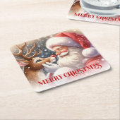 Cute Santa and Rudolph Christmas Paper Coasters Kartonnen Onderzetters (Schuin)