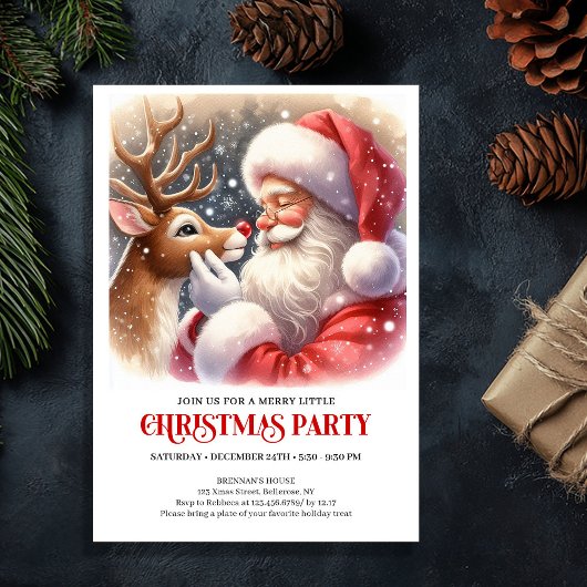 Cute Santa and Rudolph Christmas Party Invitation Kaart