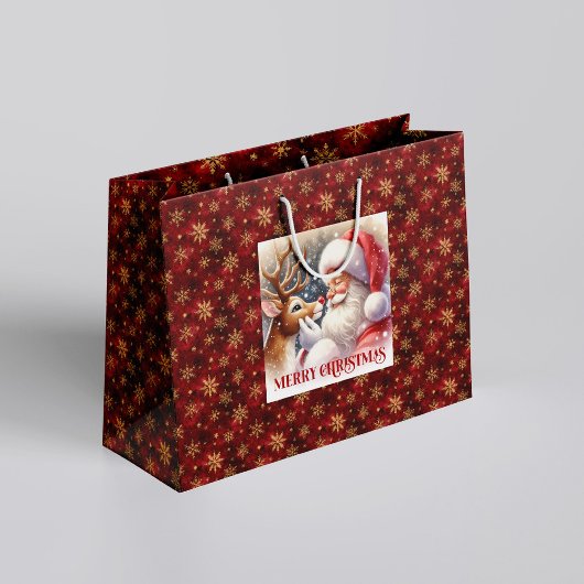 Cute Santa and Rudolph Classic Christmas Gift Bag Groot Cadeauzakje