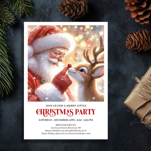 Cute Santa and Rudolph Holiday Party Invitation Kaart