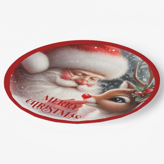 Cute Santa and Rudolph Kids Christmas Dinner Plate Papieren Bordje (Gekanteld)