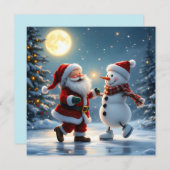 Cute Santa and snowman dancing on ice in winter Feestdagenkaart (Voorkant / Achterkant)