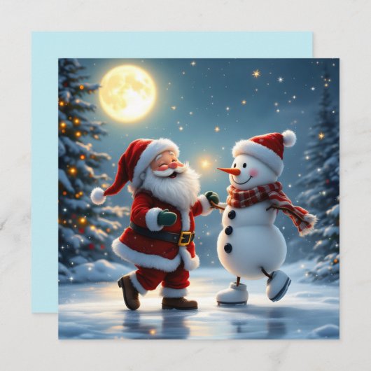 Cute Santa and snowman dancing on ice in winter Feestdagenkaart (Voorkant / Achterkant)