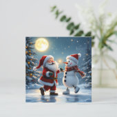 Cute Santa and snowman dancing on ice in winter Feestdagenkaart (Staand voorkant)