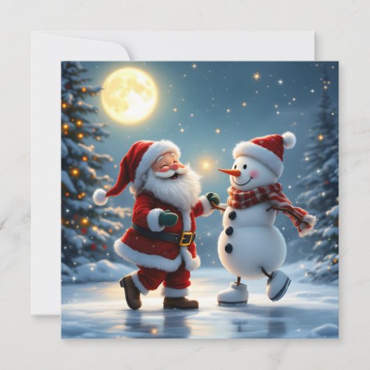 Cute Santa and snowman dancing on ice in winter Feestdagenkaart (Voorkant)