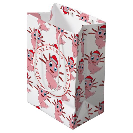 Cute Santa Axolotl Name Merry Kerstry Medium Cadeauzakje (Voorkant Gekanteld)