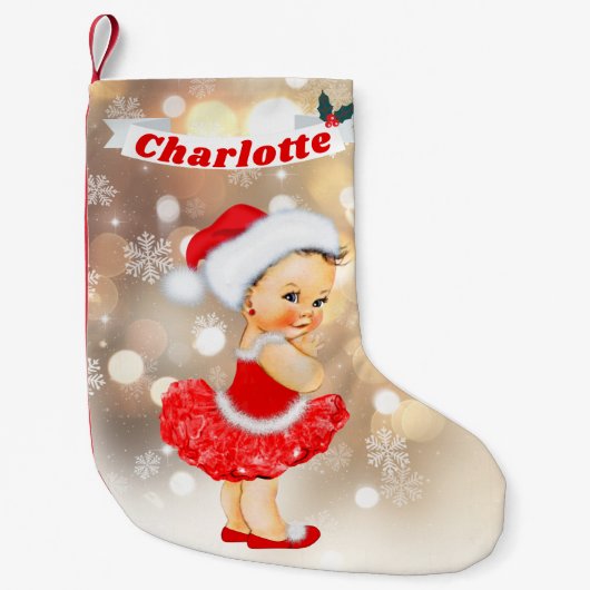 Cute Santa Baby Girl Red Gold Monogram Naam Kleine Kerstsok (Voorkant)