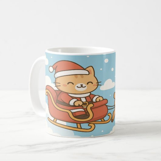 Cute Santa Cat Flying Sleigh Christmas Mug Koffiemok (Voorkant links)