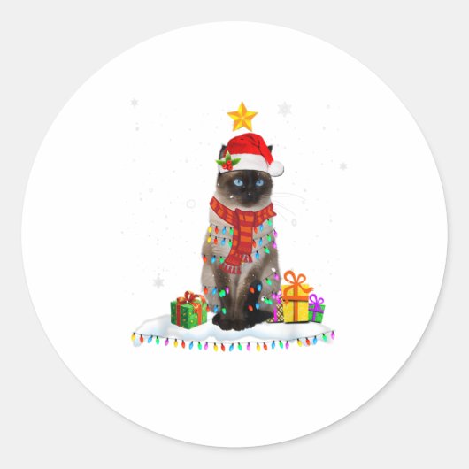 Cute Santa Cat Lights Kerstmis Funny C Ronde Sticker (Voorkant)