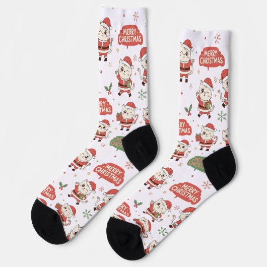 Cute Santa Cat Pattern "Merry Christmas" Holiday Sokken (Links)