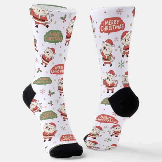 Cute Santa Cat Pattern "Merry Christmas" Holiday Sokken (Gebogen)