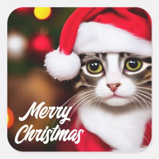 Cute Santa Cat Vierkante Sticker (Voorkant)