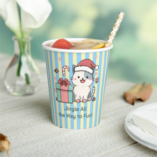 Cute Santa Cat with Gift Box Papieren Bekers (Insitu)