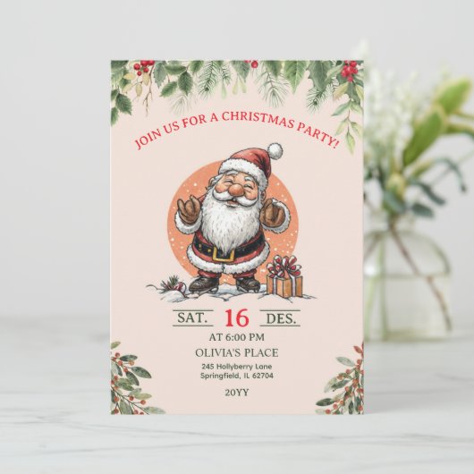 Cute Santa Christmas Party Invitation  Kaart (Staand voorkant)