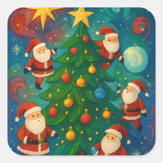 Cute Santa Claus Christmas Tree Illustration Vierkante Sticker (Voorkant)