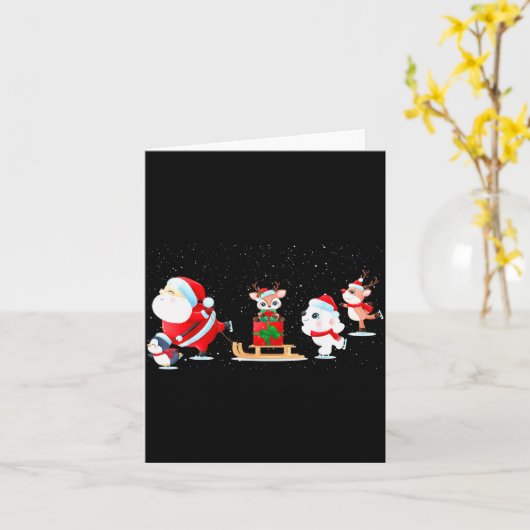 Cute Santa Claus Ice Skating With Friends - Family Kaart (Gele Bloem)