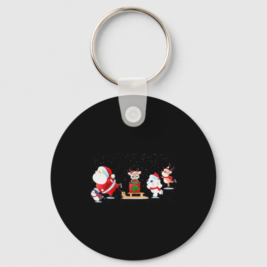 Cute Santa Claus Ice Skating With Friends - Family Sleutelhanger (Voorkant)