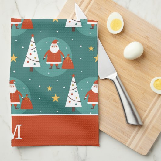 Cute Santa Claus kerstboomschilfers Monogram Theedoek (Quarter Fold)