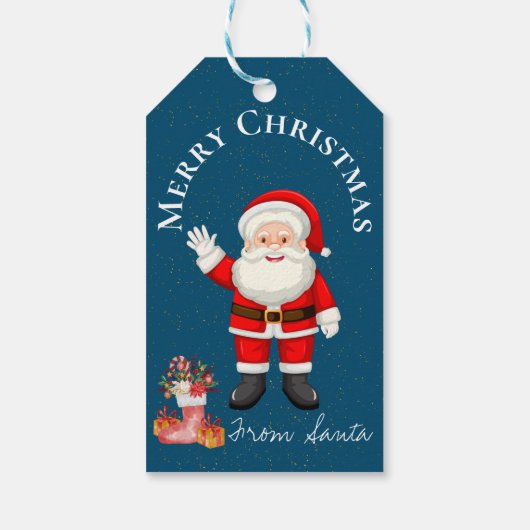 Cute Santa Claus Red Berries Blue Merry kerst Cadeaulabel (Achterkant)