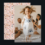 Cute Santa Claus Reindeer Snowman Feestdagenkaart<br><div class="desc">Aangepaste kerstkaart met een volledig aftapbare foto met een elegante scriptlettertitel aan de voorkant en een schattig patroon met kerstbomen,  rendieren,  sneeuwpoppen en kerstbomen aan de achterkant.</div>