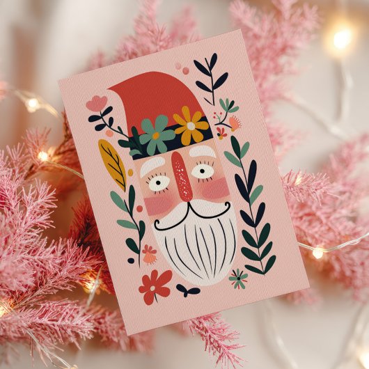 Cute Santa Claus Retro Floral Pink Merry Christmas Briefkaart
