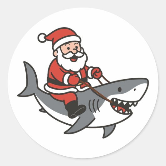 Cute Santa Claus Riding a Shark Funny Christmas Ronde Sticker (Voorkant)