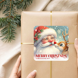 Cute Santa Claus Rudolph Personalized Holiday Kids Vierkante Sticker