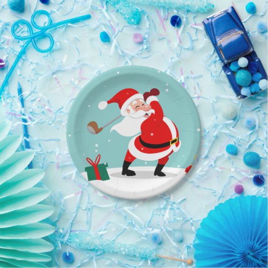 Cute Santa Claus speelt golfillustratie Papieren Bordje (Feest)