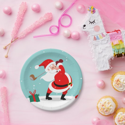 Cute Santa Claus speelt golfillustratie Papieren Bordje (Feest)