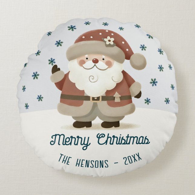 Cute Santa Clause Snowflakes Drawing Christmas Rond Kussen (Voorkant)